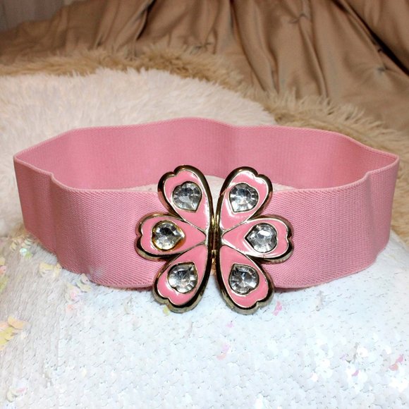 ??  Vintage Flamingo Pink Flower Rhinestone Elastic Bling Belt 25-28\